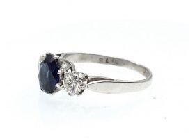1970s sapphire and diamond three stone ring in white gold