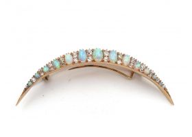Victorian opal and diamond crescent moon brooch