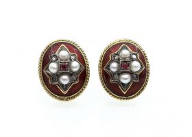 Victorian style oval ruby, diamond and red enamel stud earrings