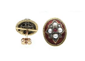 Victorian style oval ruby, diamond and red enamel stud earrings