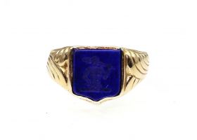Antique 'Wood family crest' lapis lazuli seal signet ring in gold