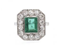 Art Deco style emerald and diamond octagonal cluster ring