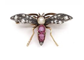 Victorian pearl, diamond and ruby mosquito bug brooch in silver and gold
