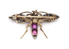 Victorian pearl, diamond and ruby mosquito bug brooch in silver and gold