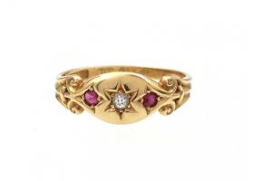 Victorian diamond and ruby three stone gypsy ring