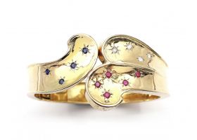 Retro 14kt yellow gold sapphire, ruby and diamond hinged bangle