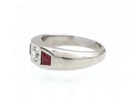 Art Deco diamond, sapphire and ruby platinum three stone ring
