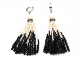 Vintage freshwater pearl, diamond and black spinel tassel earrings