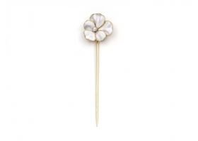 White enamel and diamond flower stick pin