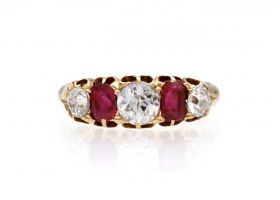 Victorian diamond and ruby five stone ring in 18kt gold