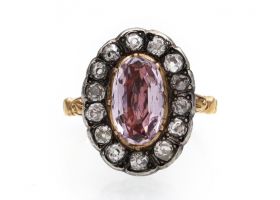 Early Victorian pink topaz and diamond oval cluster ring