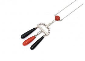 Art Deco style coral, onyx and diamond drop pendant in 18kt white gold