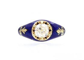 Victorian diamond solitaire ring with royal blue enamel