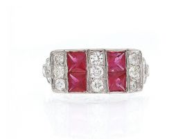 Art Deco style ruby and diamond plaque ring in 18kt white gold