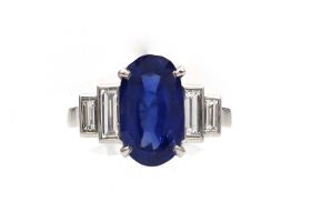 Ceylon sapphire and baguette cut diamond step ring