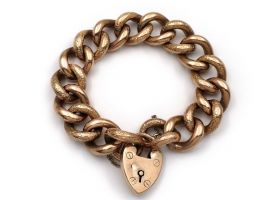 Antique 9kt rose gold textured curb bracelet with heart lock