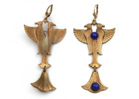 1920s Egyptian Revival lapis lazuli and plated steel falcon earrings