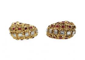 1980s 18kt yellow gold diamond and ruby hatchwork earrings