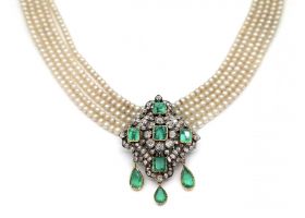 Victorian emerald and diamond convertible brooch and pearl necklace