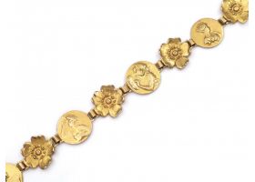 Art Nouveau flower and femme portrait bracelet in 18kt yellow gold