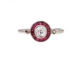 Art Deco diamond and ruby target ring in platinum