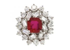1950s ruby and diamond vertical cluster ring in 18kt white gold