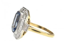 Ceylon sapphire and diamond geometric cluster ring