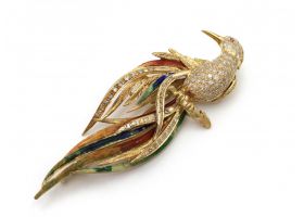 Vintage diamond and fine enamel bird of paradise brooch