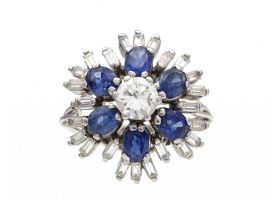 Vintage diamond and sapphire flower cluster ring in platinum