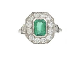 Art Deco style emerald and diamond octagonal cluster ring in platinum