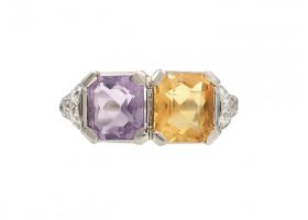 Art Deco citrine and amethyst two stone ring in platinum