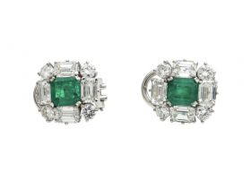 Colombian emerald and diamond square cluster earrings