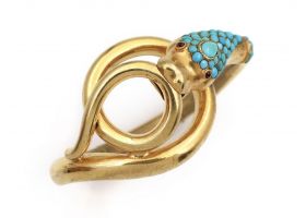 Victorian turquoise and ruby double hinged 18kt yellow gold serpent bangle