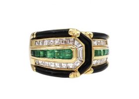 1980s emerald, diamond, onyx and black enamel buckle ring