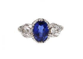 Antique Burmese sapphire and diamond three stone ring