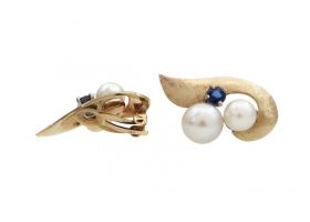 1960s cultured pearl and sapphire clip on earrings in gold