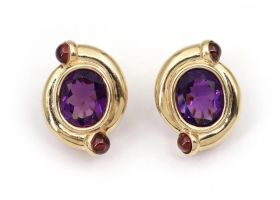 1980s amethyst and garnet bypass earrings in 14kt yellow gold