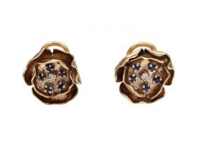 Retro pansy diamond and sapphire cluster earrings in 9kt yellow gold