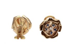 Retro pansy diamond and sapphire cluster earrings in 9kt yellow gold