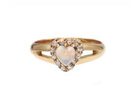 Antique opal heart and diamond cluster ring in yellow gold