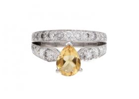 Vintage French pear fancy yellow sapphire and double diamond band engagement ring