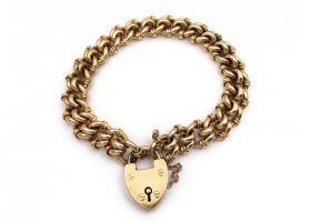 Antique 15kt yellow gold textured double curb bracelet and heart lock