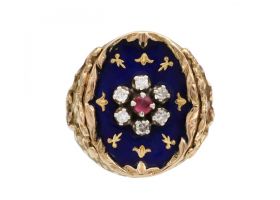 Antique Italian ruby diamond and royal blue enamel cluster ring