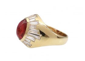 Retro ruby cabochon and diamond star signet in 18kt yellow gold