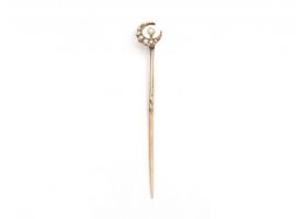Antique seed pearl crescent moon stickpin in yellow gold