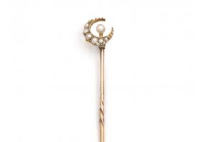 Antique seed pearl crescent moon stickpin in yellow gold