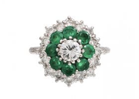 Vintage diamond and emerald target cluster ring in 18kt white gold