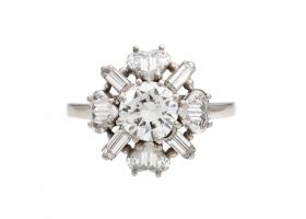 Cushion shape diamond, hearts and baguettes fancy cluster ring