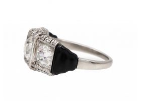 Art Deco diamond and onyx three stone ring in platinum