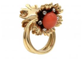 Retro articulated double floret coral and diamond ring